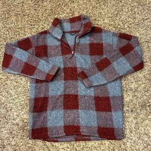 Eddie‎ Bauer Sweater Womens Small Blue Red Check Pullover Quarter Zip Soft Warm